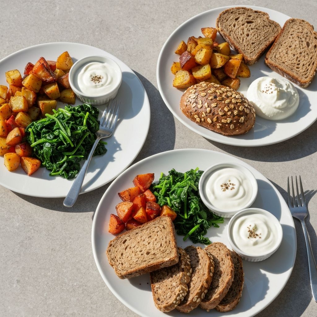 Ausgewogene Teller mit Gemüse, Vollkornbrot und regionalen Produkten