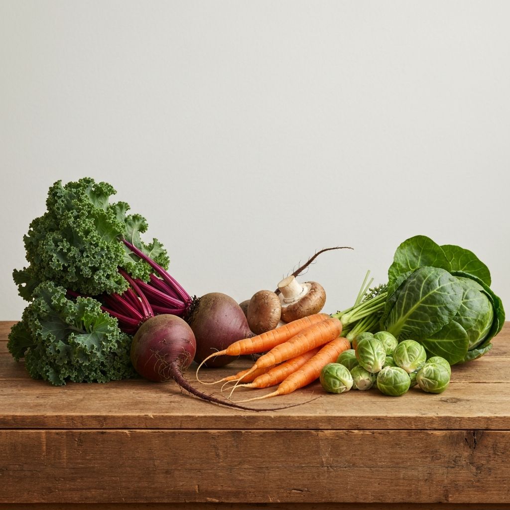 Saisonales Herbst- und Wintergemüse auf einem Holztisch
