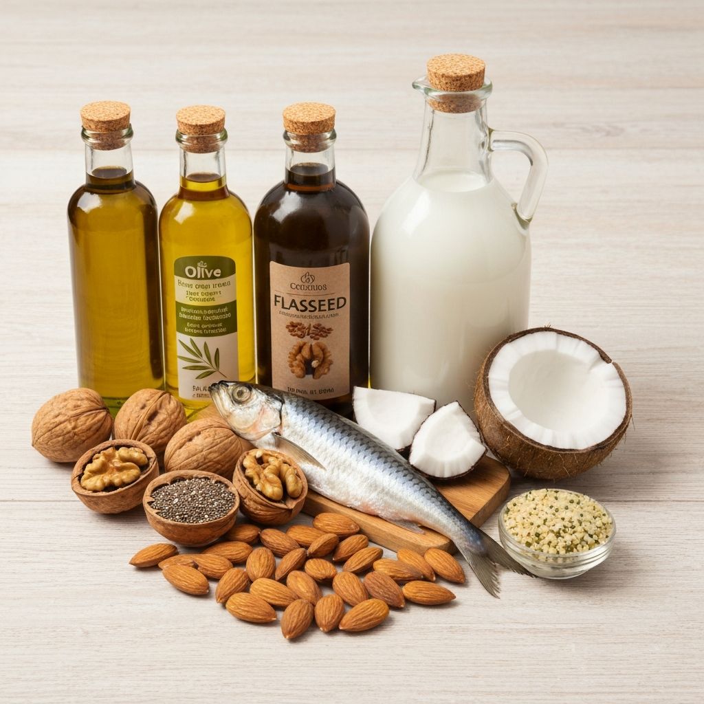 Verschiedene Ölflaschen, Nüsse und Fischsorten