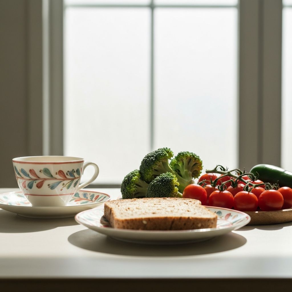 Eine Tasse Tee mit Gemüse und Brot auf einem Tisch