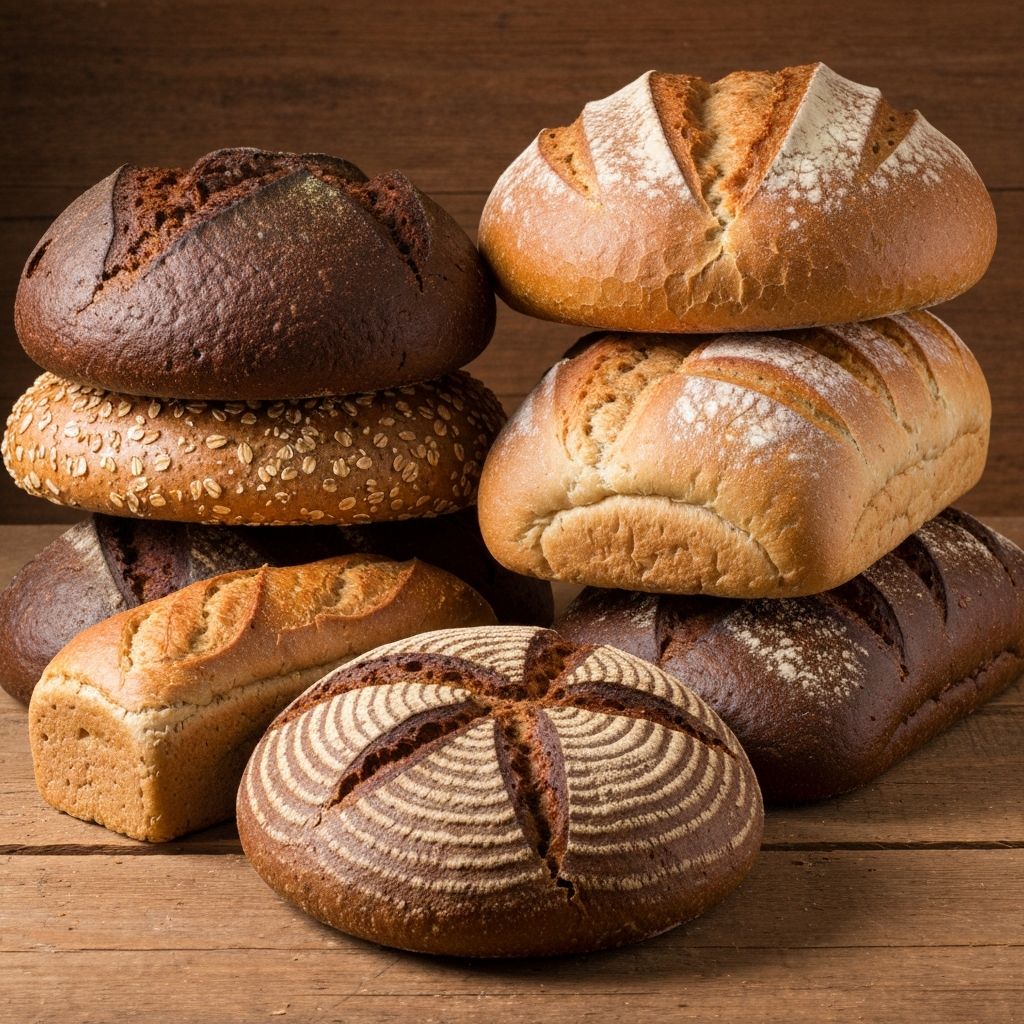 Verschiedene deutsche Brotsorten auf rustikalem Holz