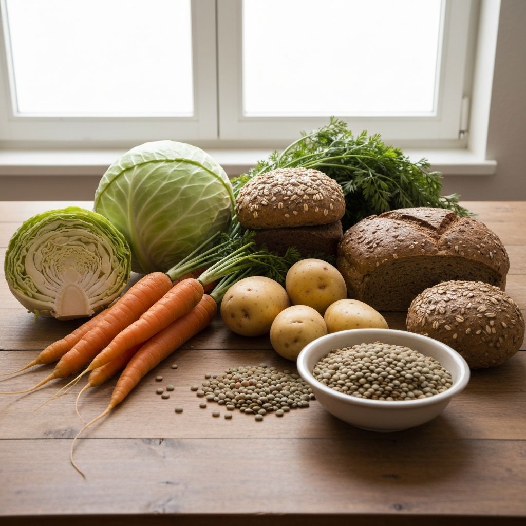 Verschiedene deutsche Gemüsesorten und Vollkornprodukte